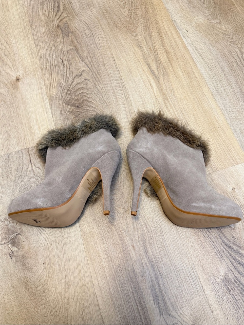 Colin Stuart Taupe Suede Fur Trim High-Heel Booties - Picture 6 of 10